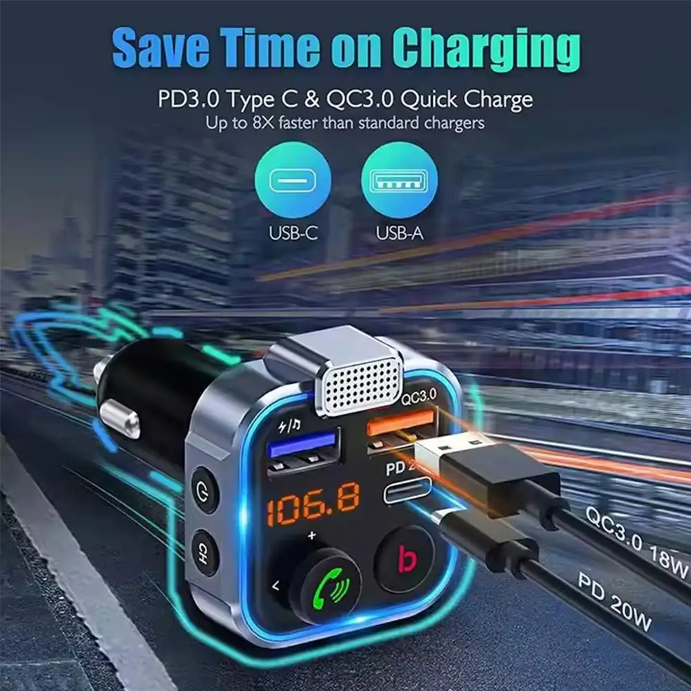 Trasmettitore FM LENCENT Bluetooth 5.3 con tipo C PD QC3.0 Memoria USB Adattatore USB Vivavoce e Stick 30W Supporto R8B9