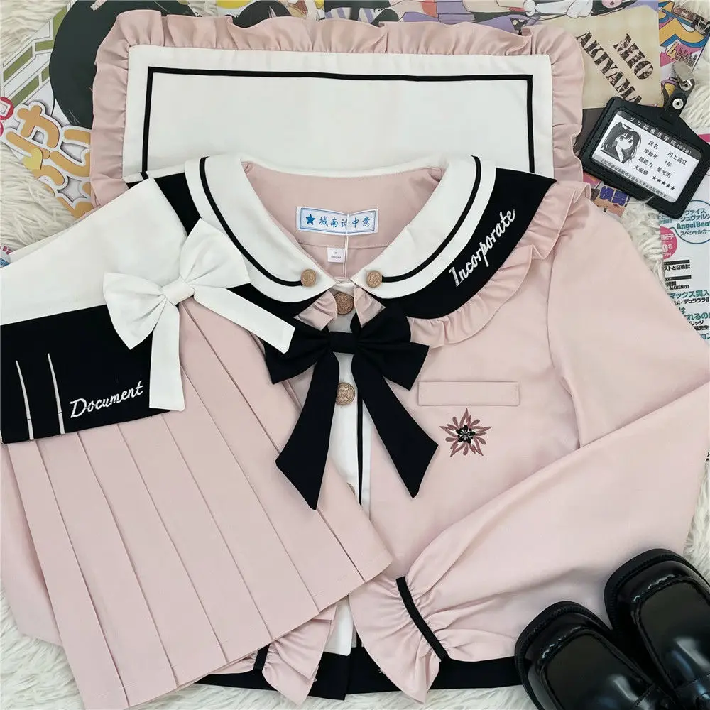 Uniforme Jk con maniche a sbuffo ricamate con fiocco rosa originale con pantaloni di sicurezza Gonna a pieghe uniforme scolastica per ragazza rosa carina femminile 2XL