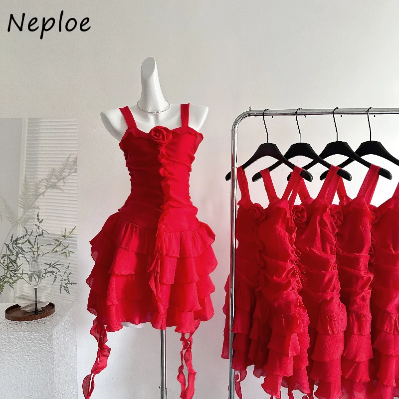 

Neploe Sweet Casual Sexy Summer Sling Dress Slim Short Three-dimensional Flower Fungus Lace Up Robe Cake Spice Girls Fresh Mujer