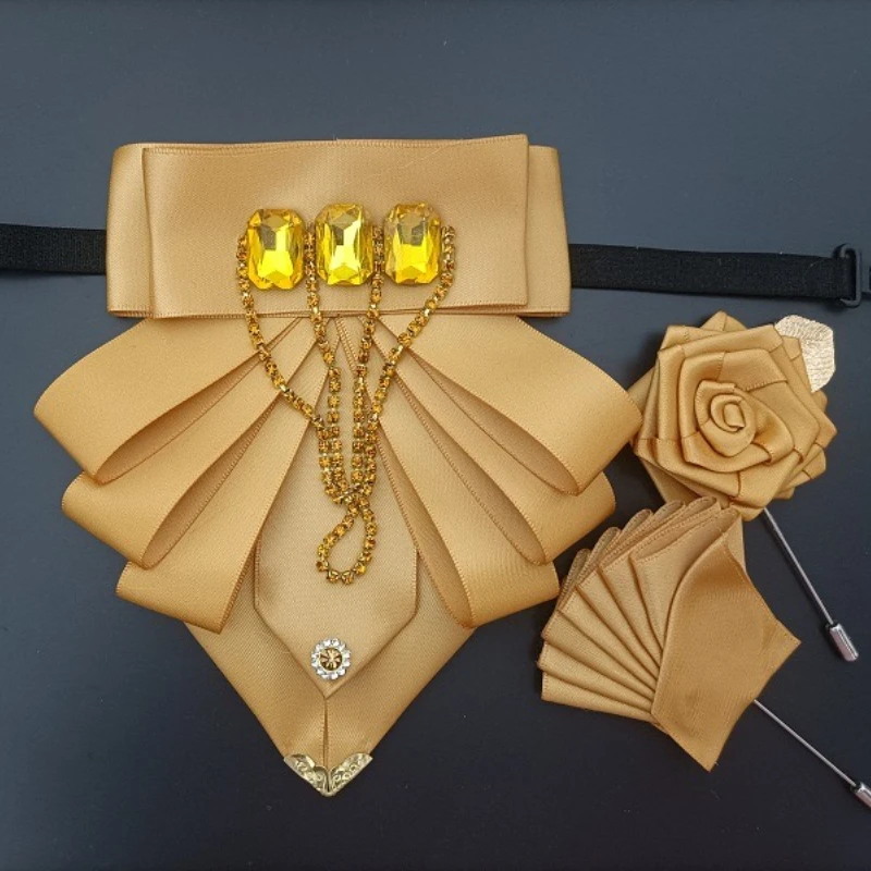 

Original Design Fringed Rhinestone Bow Tie Brooch Set Men's Women's British Business Wedding Bowtie Pocket Towel Corsage Sets