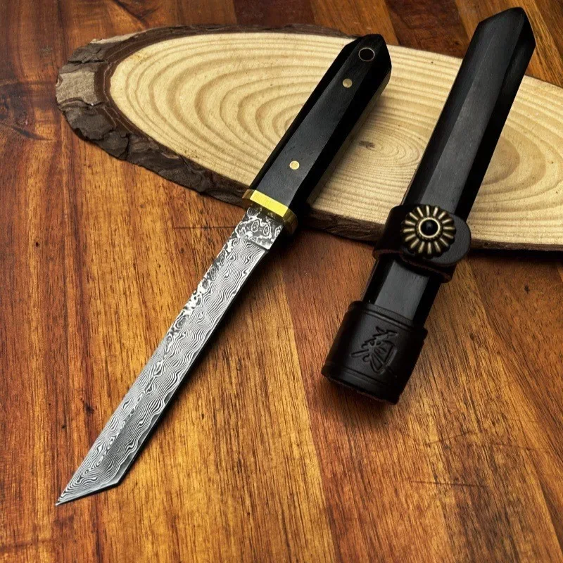 New Damascus Steel Tanto Point Blade Ebony Handle Mini Pocket Knife Japaness Style Camping EDC Survival Tools with Gift Box