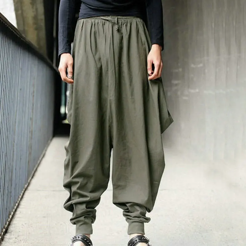 

S-4XL Men Baggy Cotton Linen Pants Spring Summer Autumn Casual Loose Wide Leg Harem Hakama Hippie Streetwear Pants