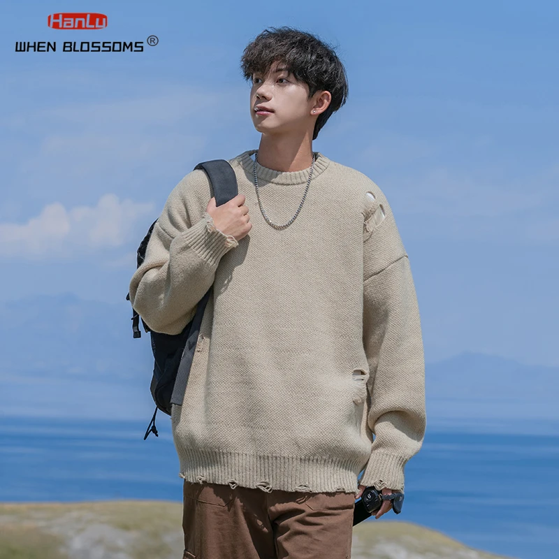 2024 New Vintage Loose Hole Breaking Design Sweaters Solid Knitted Jumper Men Harajuku Hip Hop Oversized Pullover Black Sweater