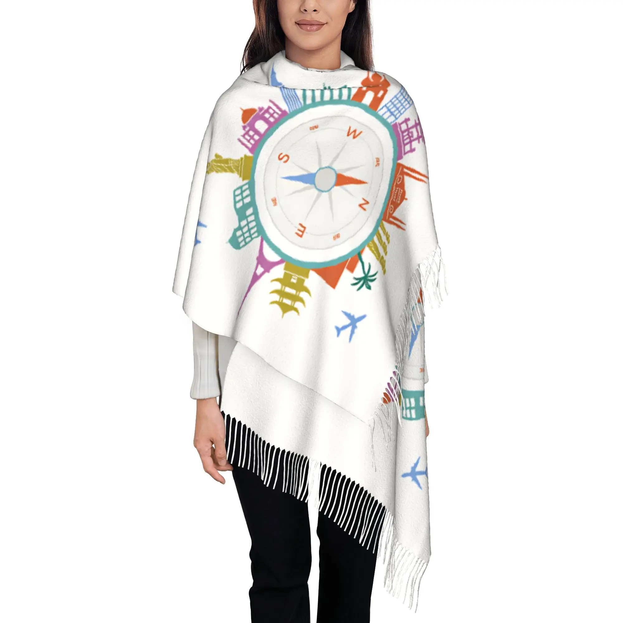 Custom Print Colorful Compass World Landmarks Travel Print Scarf Women Men Winter Warm Scarves  Shawls Wraps