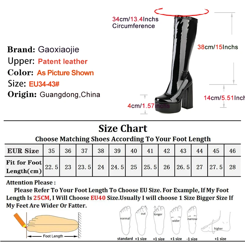 Winter Square Toe High Boots Women Platform Chunky Heels Elastic Patent Leather Knee-High Long Boots Goth Red Shoes Plus Size 43