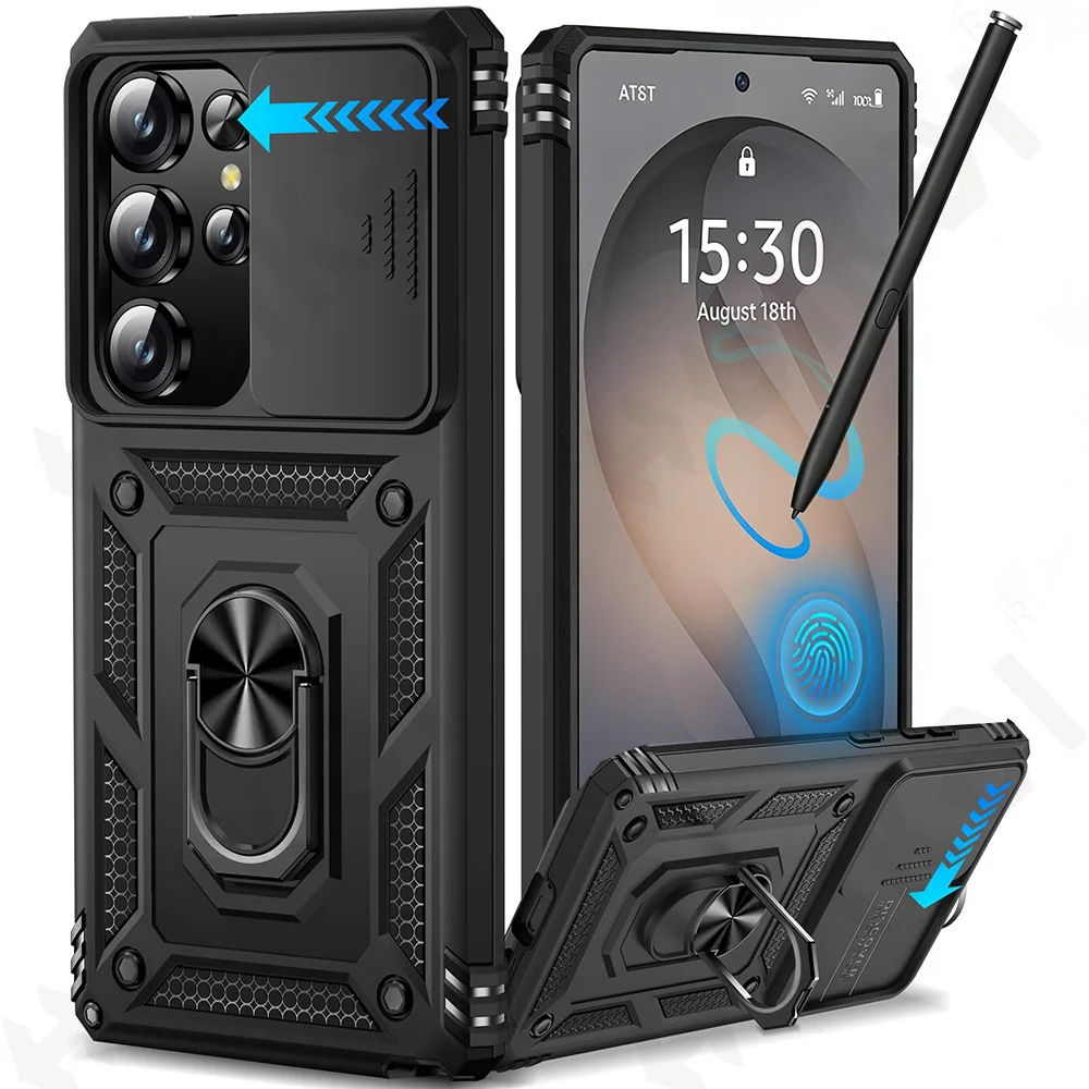 

Case for Samsung S26 Ultra Plus 360 Full Armor Sliding Camera Cover 360 PC Support Ring and Tpu Case Back Funda Shell Coque