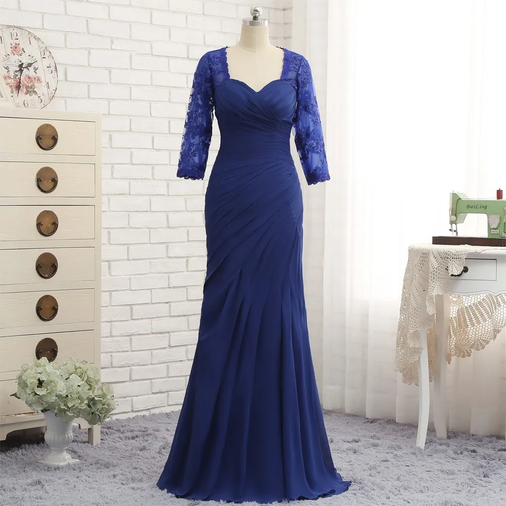 Azul real mãe da noiva vestidos sereia 3/4 mangas chiffon apliques plus size longo noivo mãe vestidos para casamento