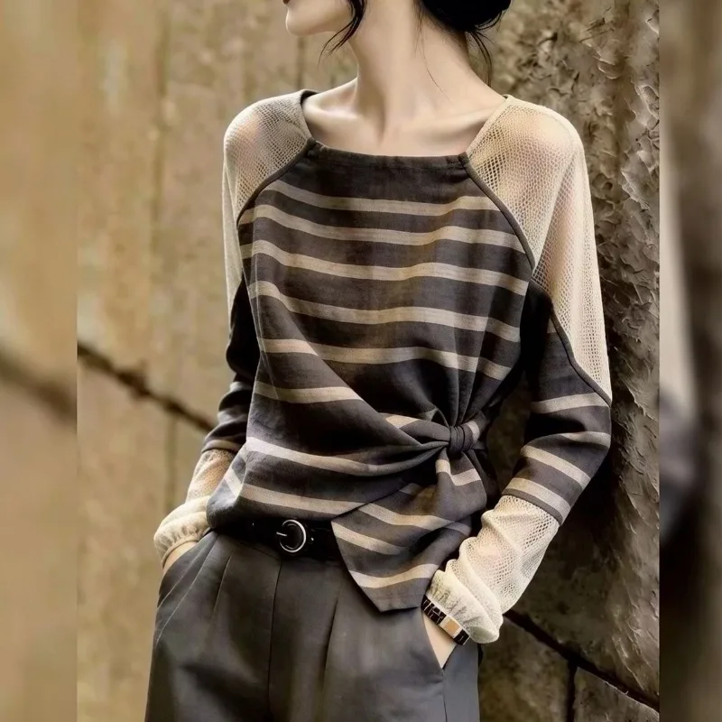 Women Autumn Striped Mesh Patchwork Long Sleeve Top Square Neck Side Knot Casual Blouse
