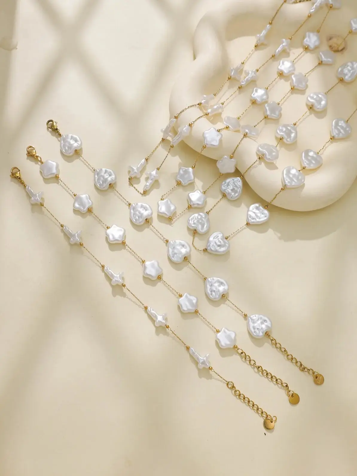 Pearl Cross Star Heart 18K Gold Stainless Steel Beads Beaded Chain Bracelet Necklace Women's Summer Beach Jewelry Gift