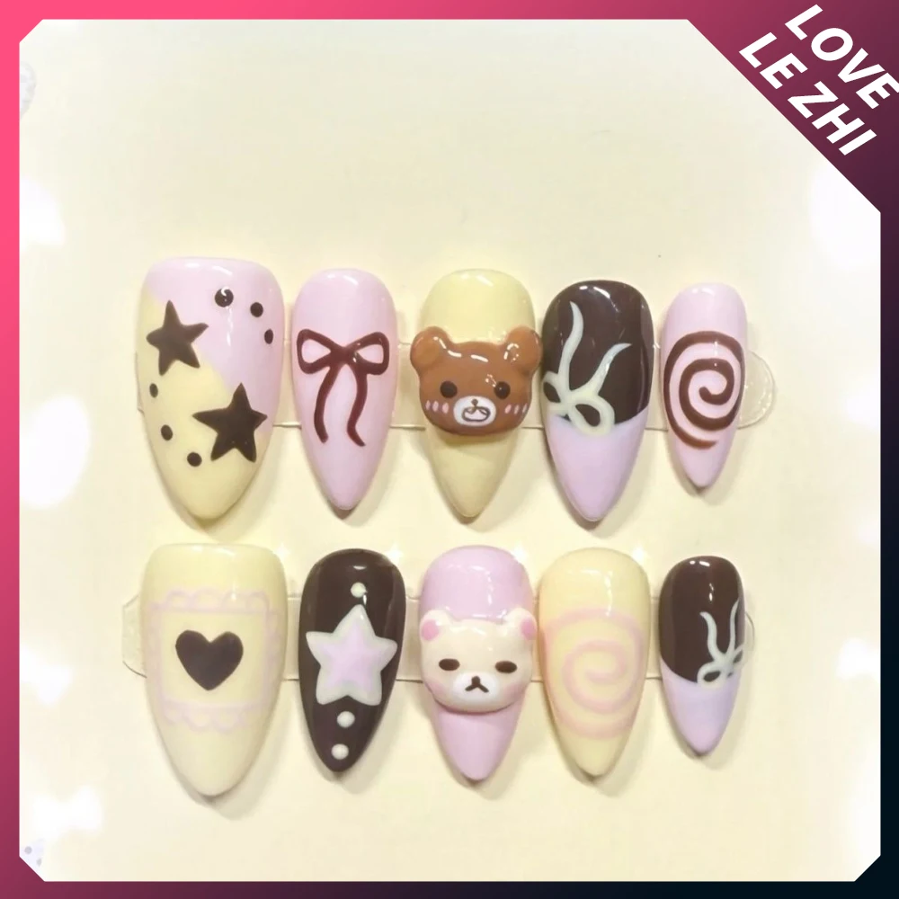 10Pcs Cartoon Kawaii Anime Rilakkuma Handmade Full Cover Nails Strawberry Bowknot Diamond Stars Chocolate Wings Press On Nails view 6