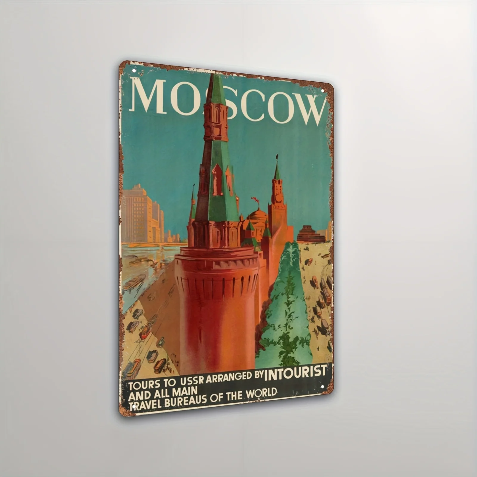 Vintage Moscow Travel Poster Metal Sign - Retro Soviet-Era Laminated Iron Wall Art , Wall-Mounted Home Decor for Living Room,