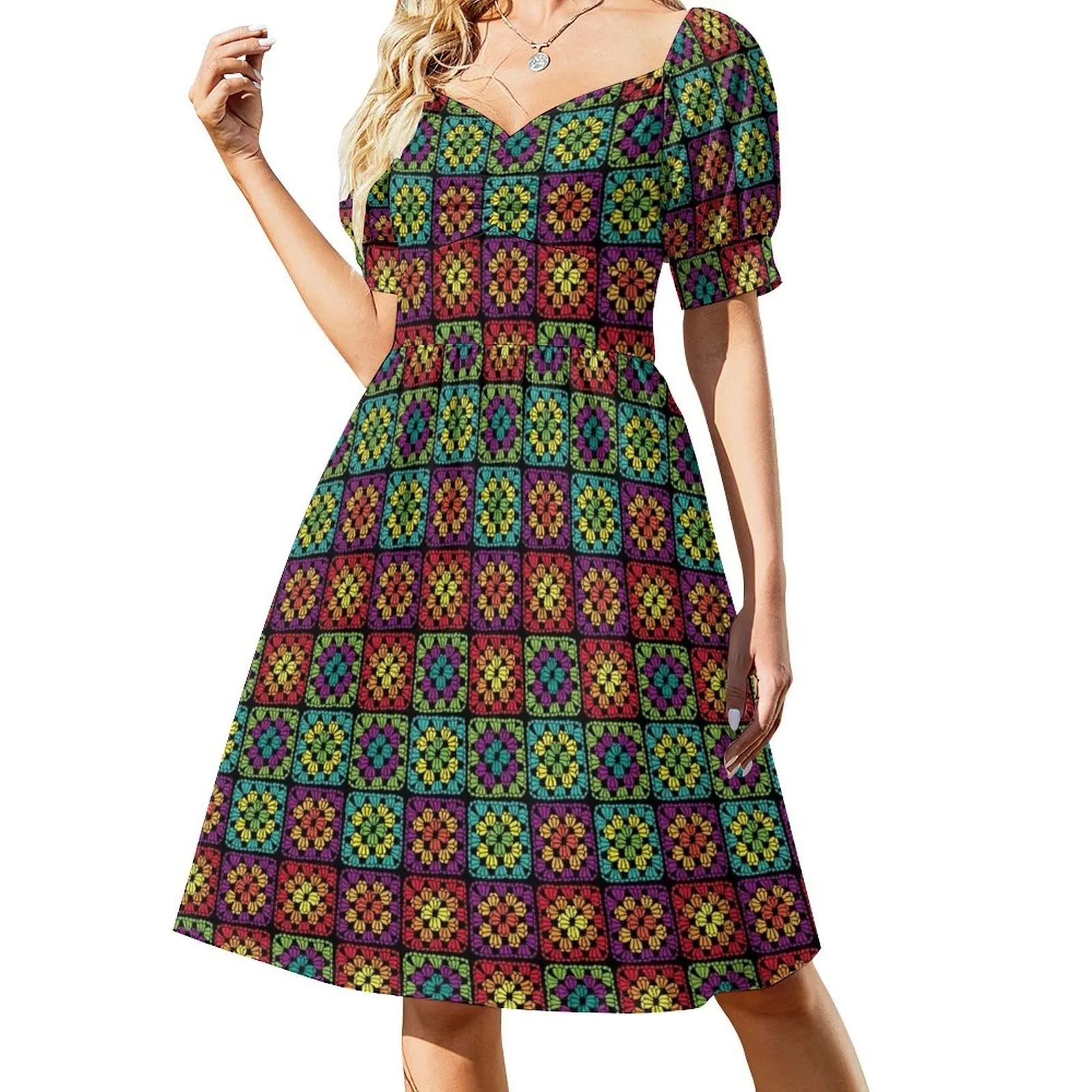 

Crochet Granny Square Yarn Pattern Short-Sleeved Dress luxury dress Bridesmaid dress woman