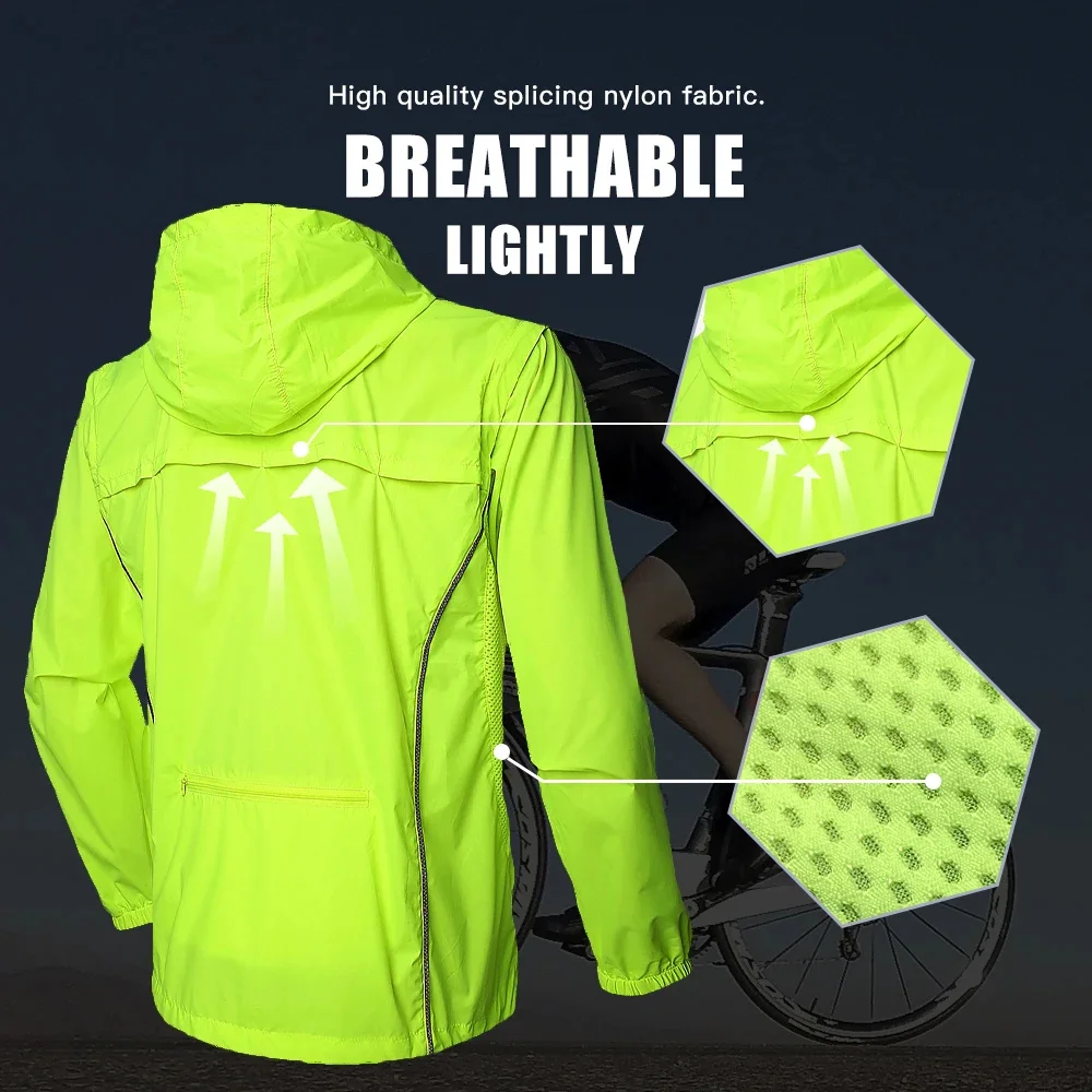 Men Reflective Cycling Jacket Hooded Windproof Waterproof Reflect Light Removable Long Sleeves Breathe Sleeveless Vest Bike Coat