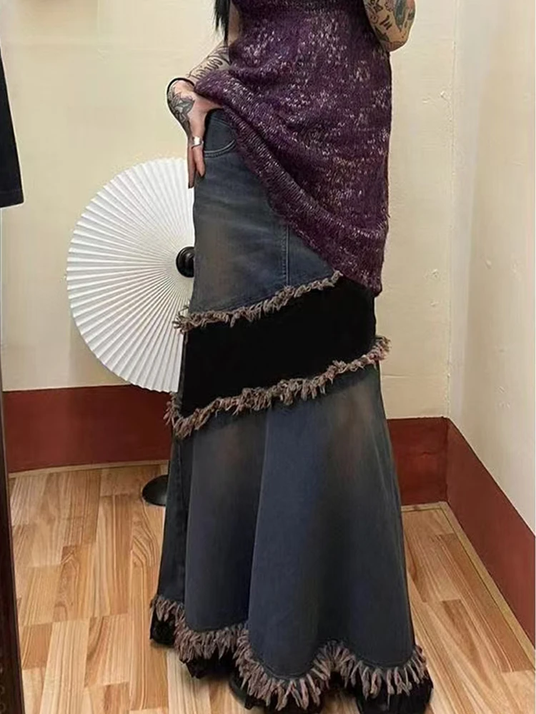 الرجعية المرقعة اللون بلو تصميم المتوترة هيم الدنيم تنورة المرأة الخريف جديد الرغبة النقية ألف خط Fi الذيل تنورة