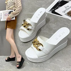 Chain High Heels Slippers Women Wedding Shoes Summer 2024 White Black Platform Wedges Ladies Slides Beach Slippers Tongs Femme