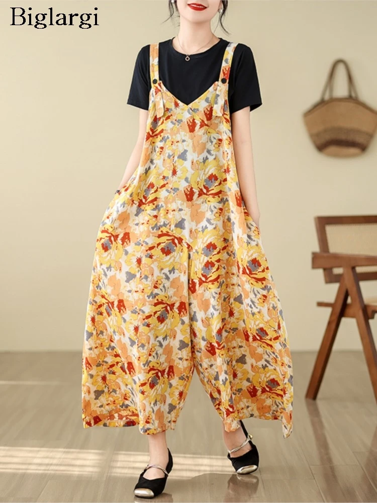 Oversized Summer Floral Print Wide Leg Jumpsuit Women Casual Modis Loose Pleated Ladies Jumpsuits Sleeveless Slip Woman Jumpsuit