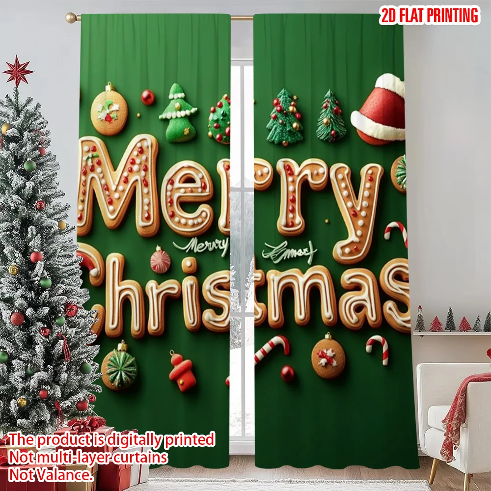 

2pcs 2D flat printing Merry Christmas Scene Curtains Party Family Versatile 100% Polyester Without Electricity Spring Party &