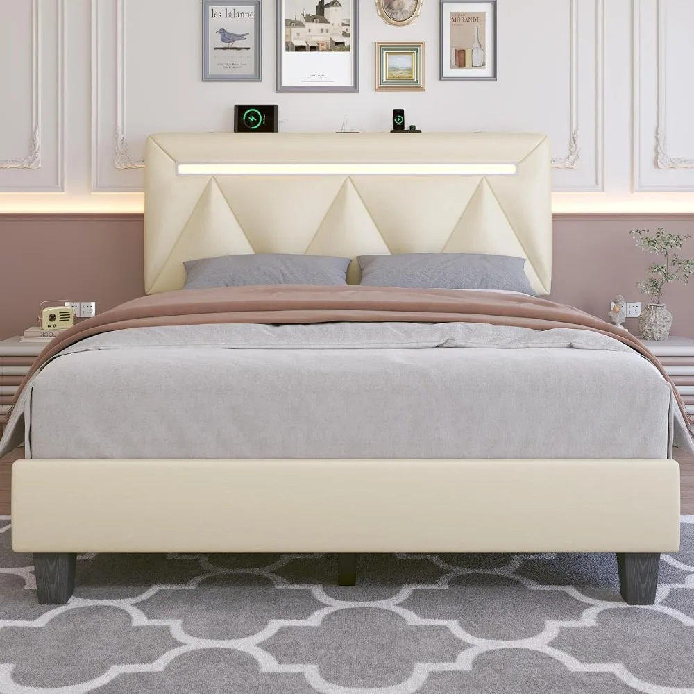 إطار سرير بحجم كوين مع مكبر صوت بلوتوث وأضواء LED ومحطة شحن، لوح رأسي قابل للتعديل من قماش الكتان الصناعي، وضع #1