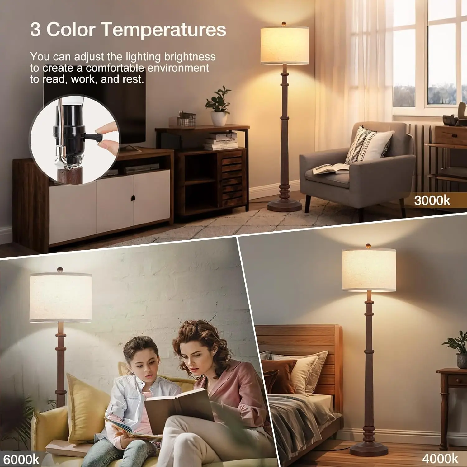 60" Adjustable Color Temperature Farmhouse Floor Lamp with Linen Shade - Vintage Style for Living Room Bedroom Office view 3