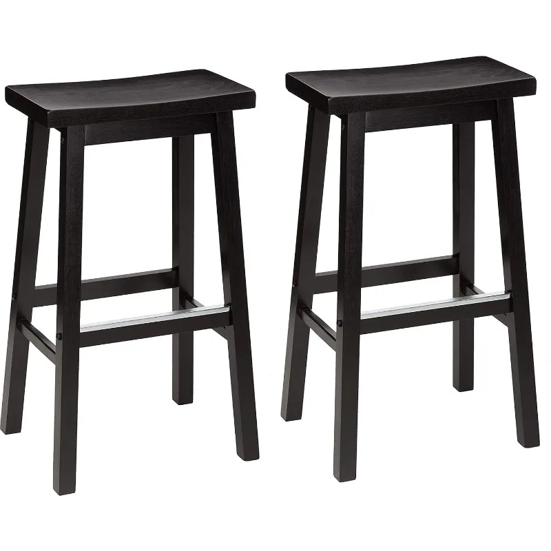 Solid Wood Saddle-Seat Kitchen Island Counter Barstool, 29-Inch Height, Black - Set of 2