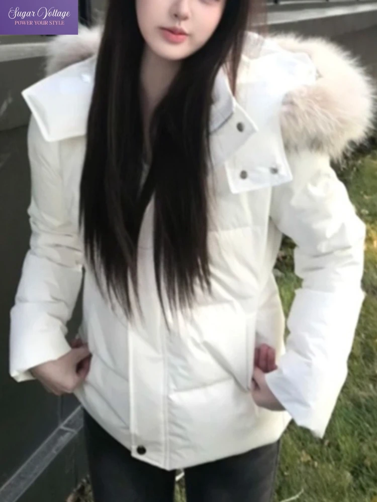 

Корейская мода, элегантное короткое пальто-пуховик с капюшоном, женское облегающее пальто на молнии с меховым воротником, толстые теплые парки, зимние повседневные шикарные топы в стиле ретро