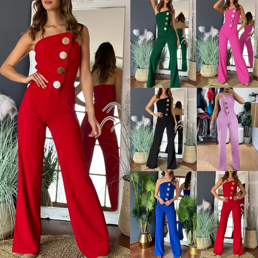 แฟชั่นผู้หญิงRomper Jumpsuitฤดูร้อนใหม่เซ็กซี่Backlessด้านบนปุ่มBootcutยาวกางเกงสีแดงJumpsuitsสําหรับผู้หญิงStreetwear