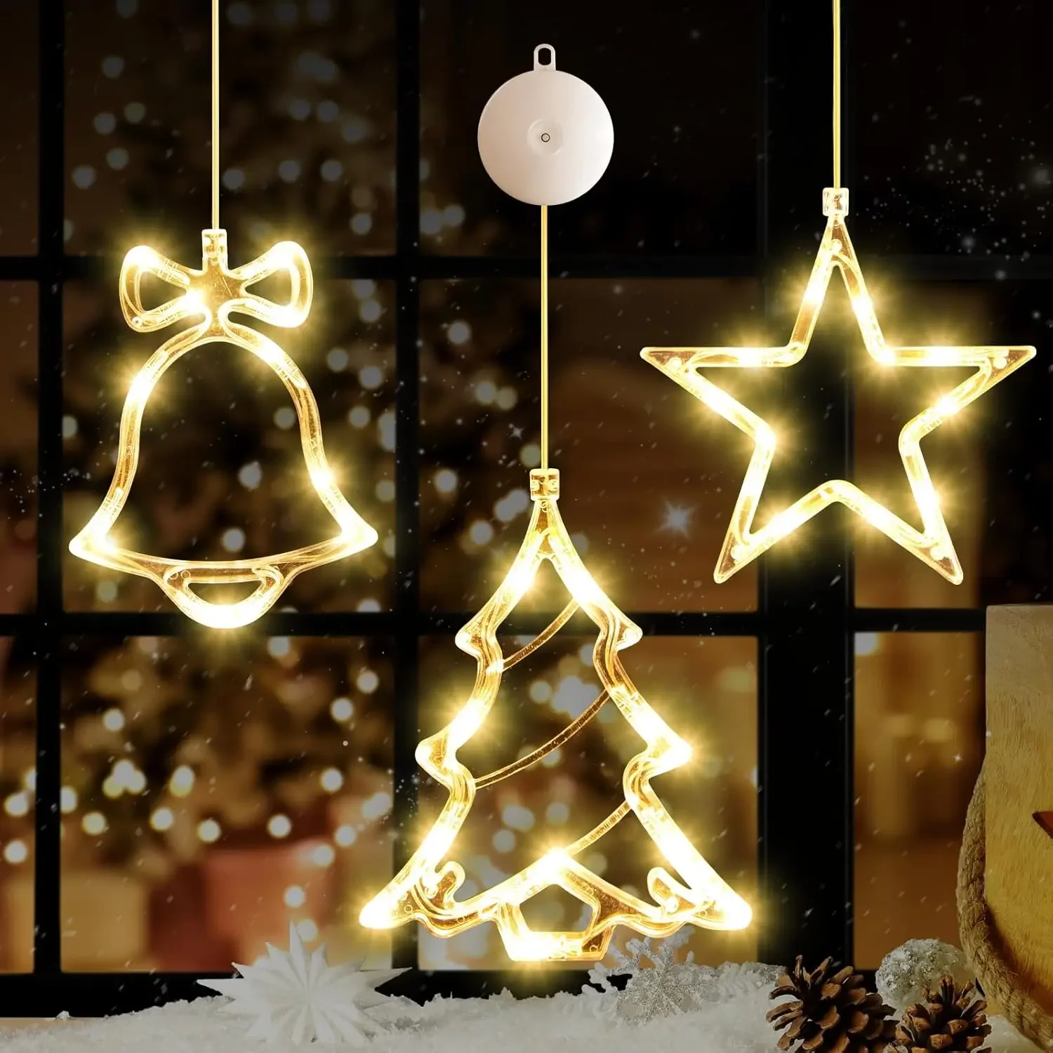 

3-Pack Battery-Powered Christmas Window Lights – Warm White LED Tree, Bell & Star Shapes with Suction Cups
