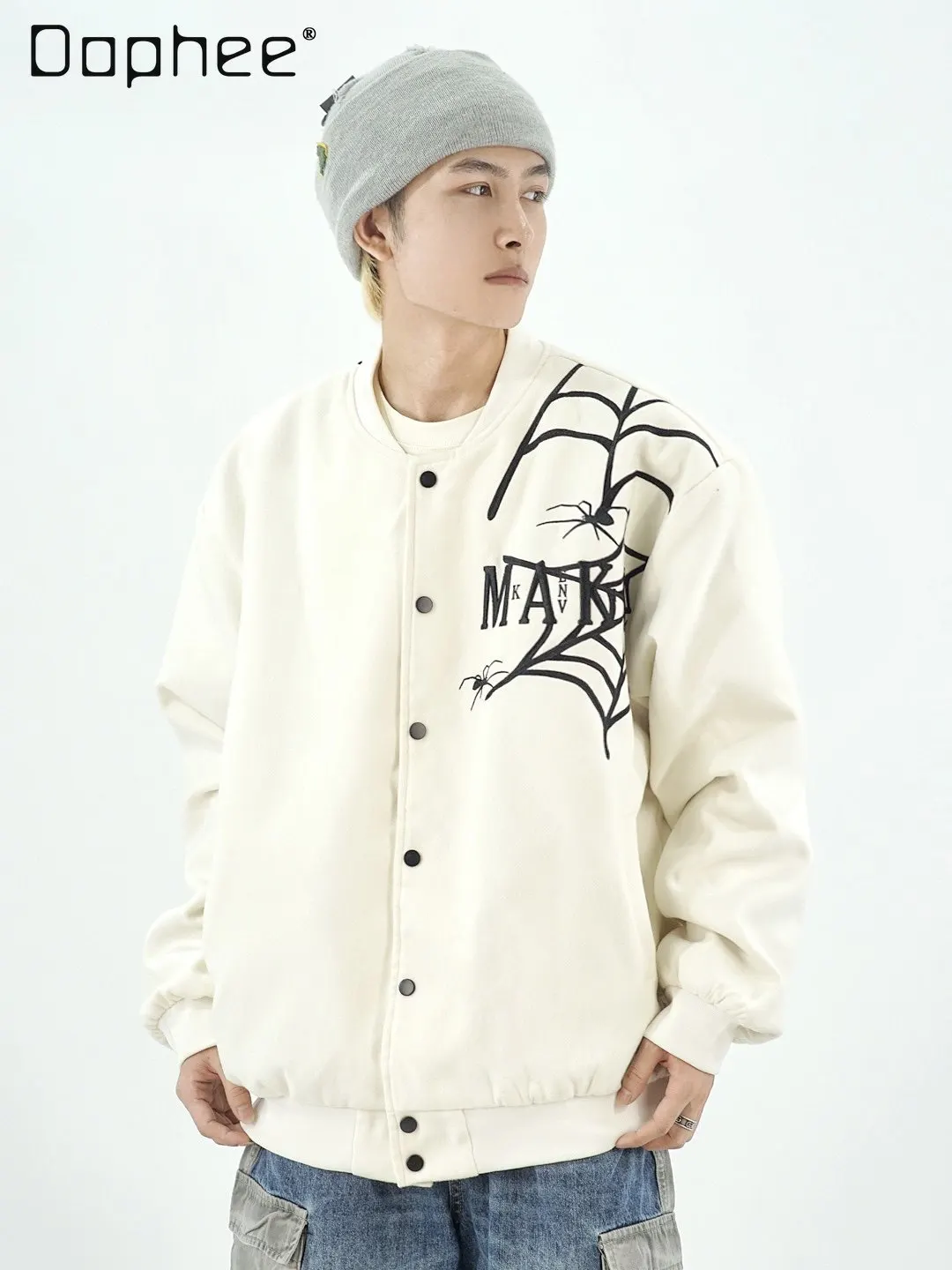 

Весенне-осенняя новинка: мужская куртка в американском уличном стиле с вышивкой в виде паука, свободного кроя, универсальная, черная, цвета «белый молочный»