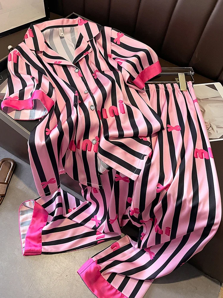 New striped short sleeved shorts, pants, pajamas set, 100% mulberry silk home wear, thin design, high-end feel
