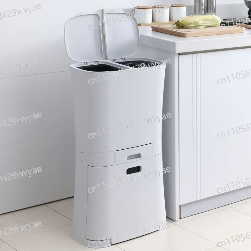 大型二層式乾湿分離ゴミ箱、蓋付きキッチンステップ式ゴミ箱