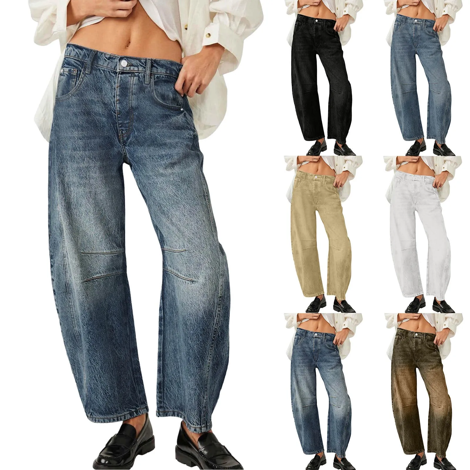 

Mid Rise Barrel Jeans For Women Wide Leg Mid Waist Cropped Denim Pants Baggy Boyfriend Jeans With Pockets Denim