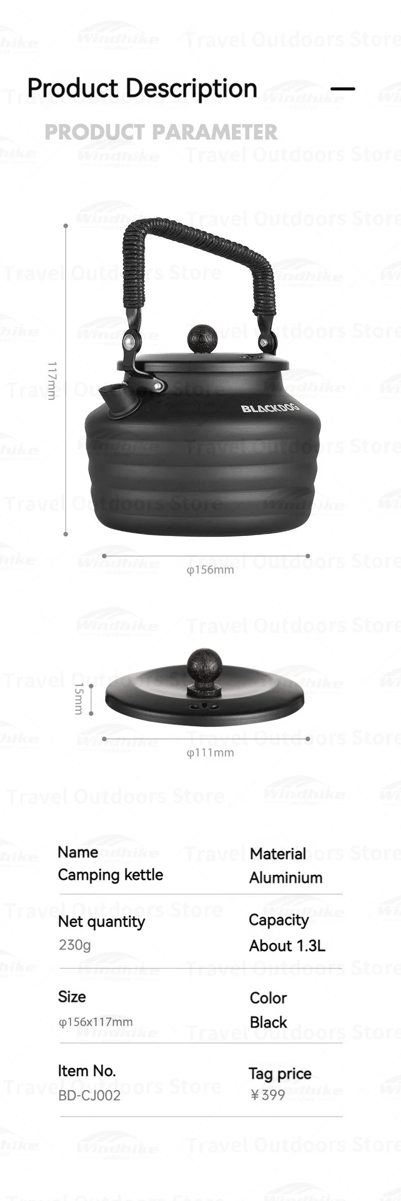 Naturehike BLACKDOG 230g Aluminium-Reisewasserkocher Outdoor Camping Tragbarer Kocher 1,3L Picknick-Teekanne Tee-Kaffee-Kochgeschirr – Detail 11