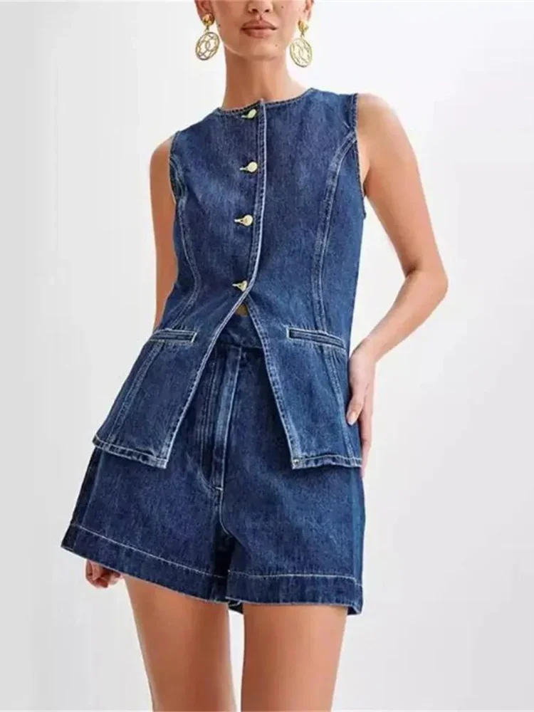 Korean Casual Split Round Neck Slim Fit Denim Vest Top Two-piece Set New Women\'s Fashion Sleeveless High Waist Denim Shorts Set