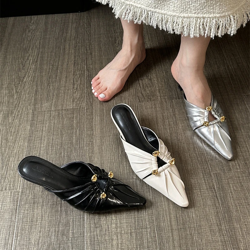 

Mules Women Shoes pleated Heel Slippers luxury Shallow Slip on Slide Fashion hollow out pointed Toe Sandals Black Apricot Silver