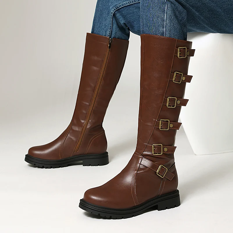 Plus Size Women Knee High Boots Multi Buckle Faux Leather Side Zipper Thick Sole Motorcycle Boots Retro Casual Ladies Long Boots
