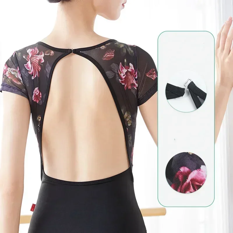 Justaucorps de Ballet pour femmes, dos nu, manches courtes, imprimé Floral, Patchwork, pour adultes et filles, Skate, pôle danse, body, maillots de bain