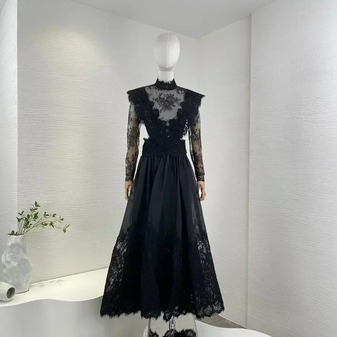 

Lace Luxury 2023 New Collection Elegant Silk Linen High Quality Black Long Sleeve Backless Patchwork Women Midi Dress