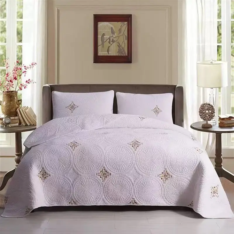 3Pcs 100% Cotton Quilted Bedspread Set White Roman Embroidery Quilt Double Bed Cover Queen King Size Coverlet Non-slip Sheet