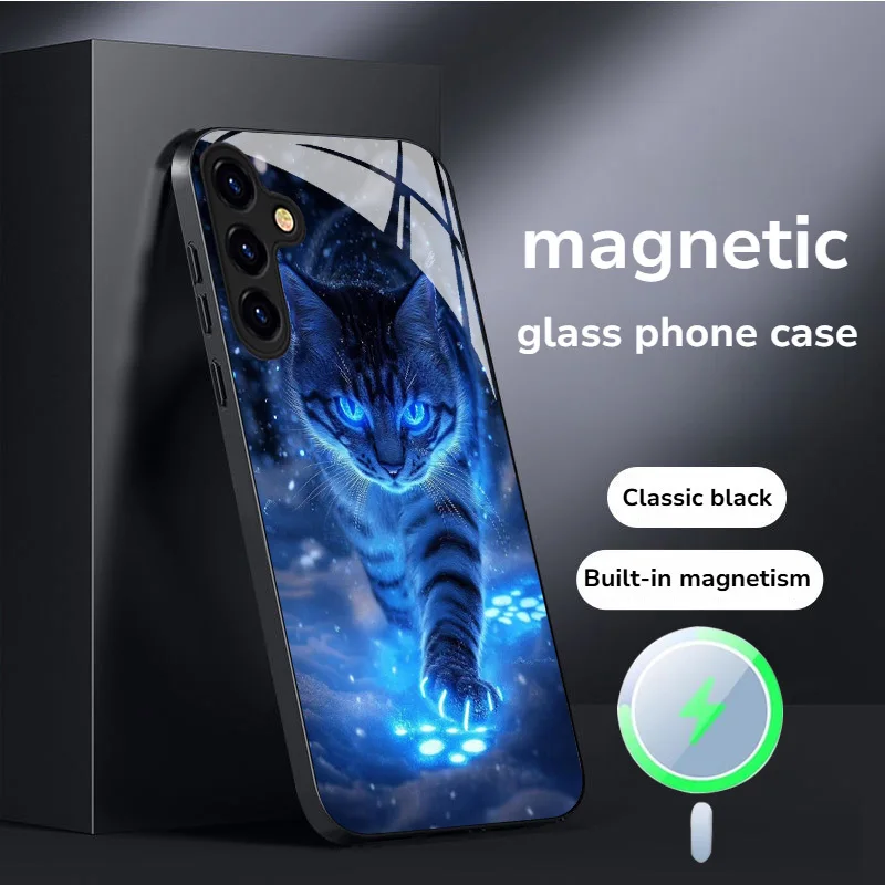 Blue light cat design tempered glass magnetic phone case suitable for Samsung Galaxy S26 S25 S24 S22 S21 S20 FE/Ultra/Plus