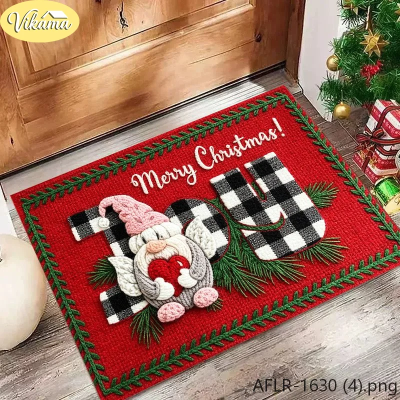 VIKAMA Goblin JOY Christmas Rug, Buffalo Check Dwarf Non-Slip Absorbent Entryway Welcome Mat, Christmas Home Decor
