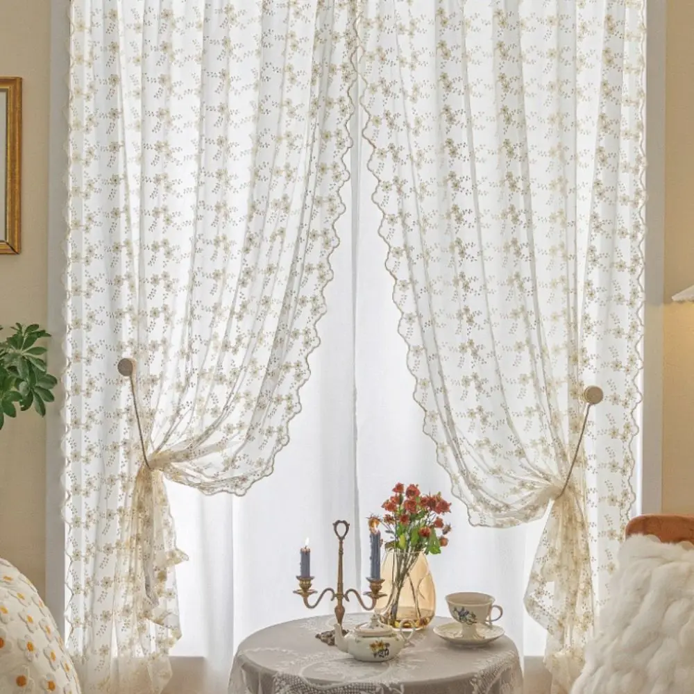 

Practical Floral Embroidery French Lace Curtains Beige Tulle Window Shade Vintage Pastoral Style Doorway Drape Household