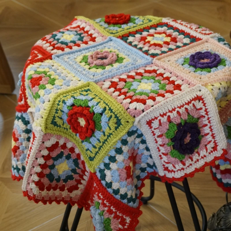 Handmade Granny Square crochet blanket Hand hooked colourful crochet sofa blanket cushion felt pastoral style home&living gift