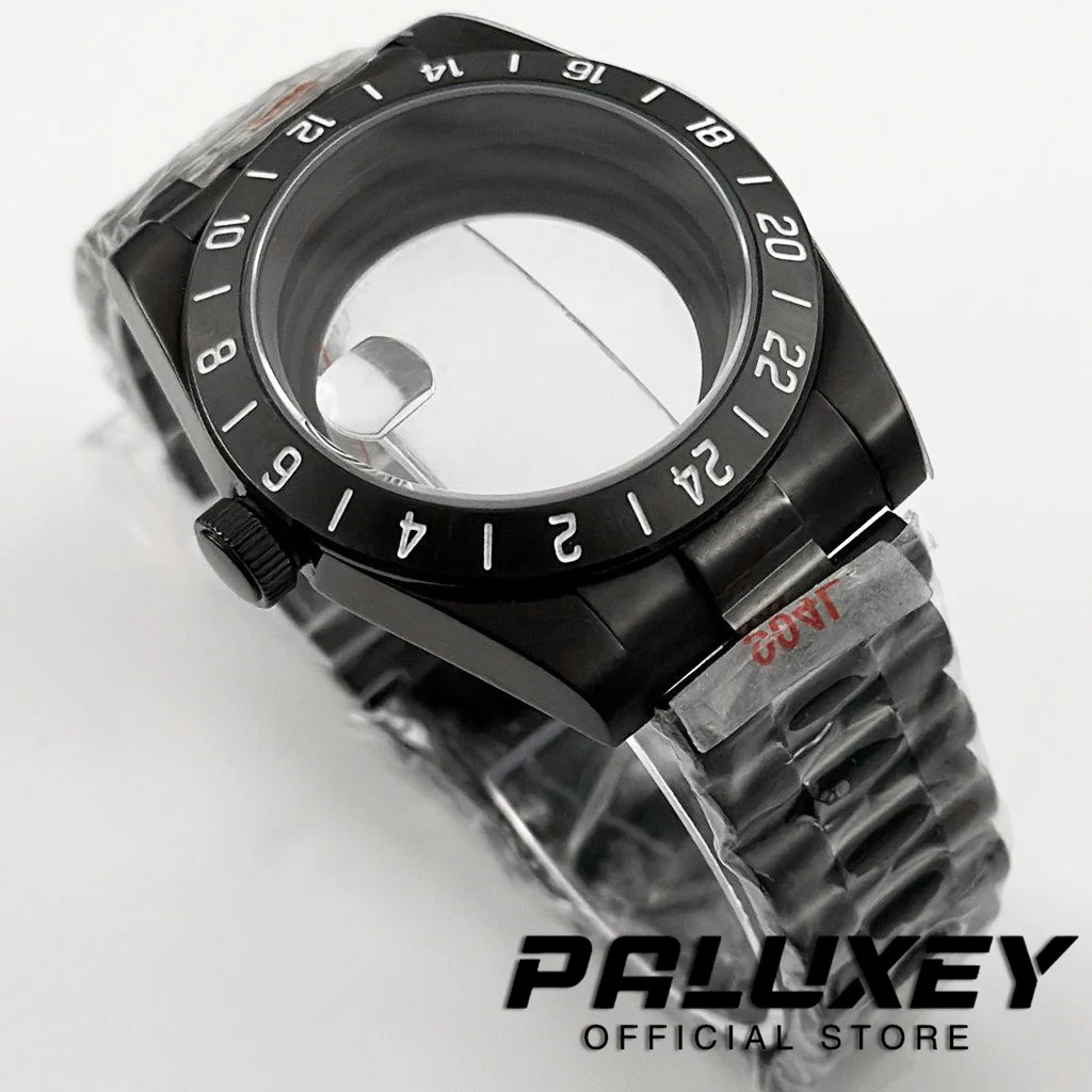 39mm PVD Black Presidential Bracelet NH34 NH35 NH36 NH38 Sapphire Glass Watch Case 24 Hours GMT Fixed Bezel ETA2824 Case