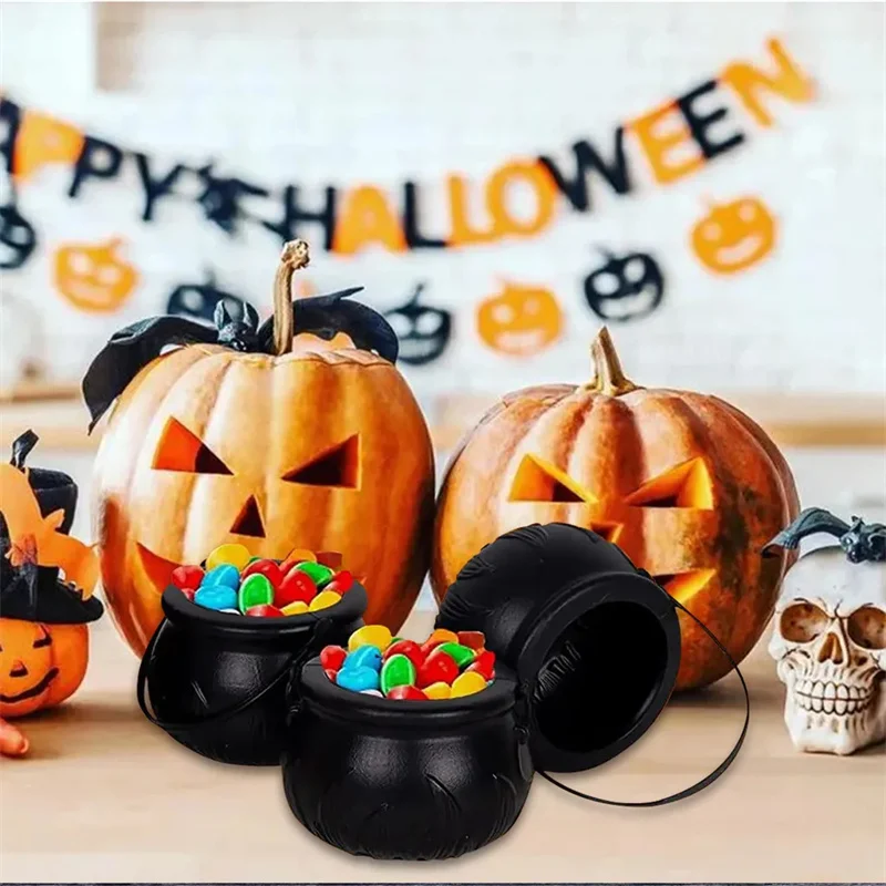 6pcs Halloween Candy Bucket For Kids Hallowen Party Gift Buckets Holder Cauldron Black Witch Small Prop Kettle Hallowen Decor