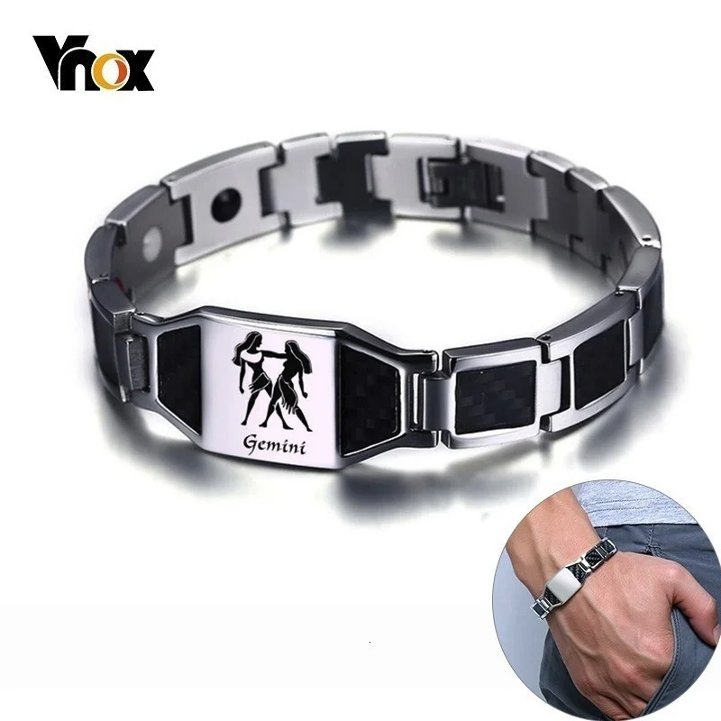 Vnox Gents Carbon Fiber Bracelets for Men Twelve Constellation Gemini Leo Engraved Stainless Steel Bio Energy with tool