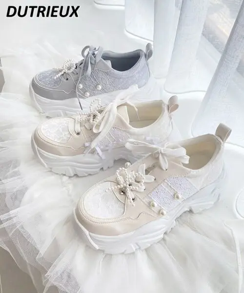 

New Sweet Girl Versatile Sneaker Pearl Accessories Japanese Style Thick Bottom Height Increasing Breathable Casual Daddy Shoes