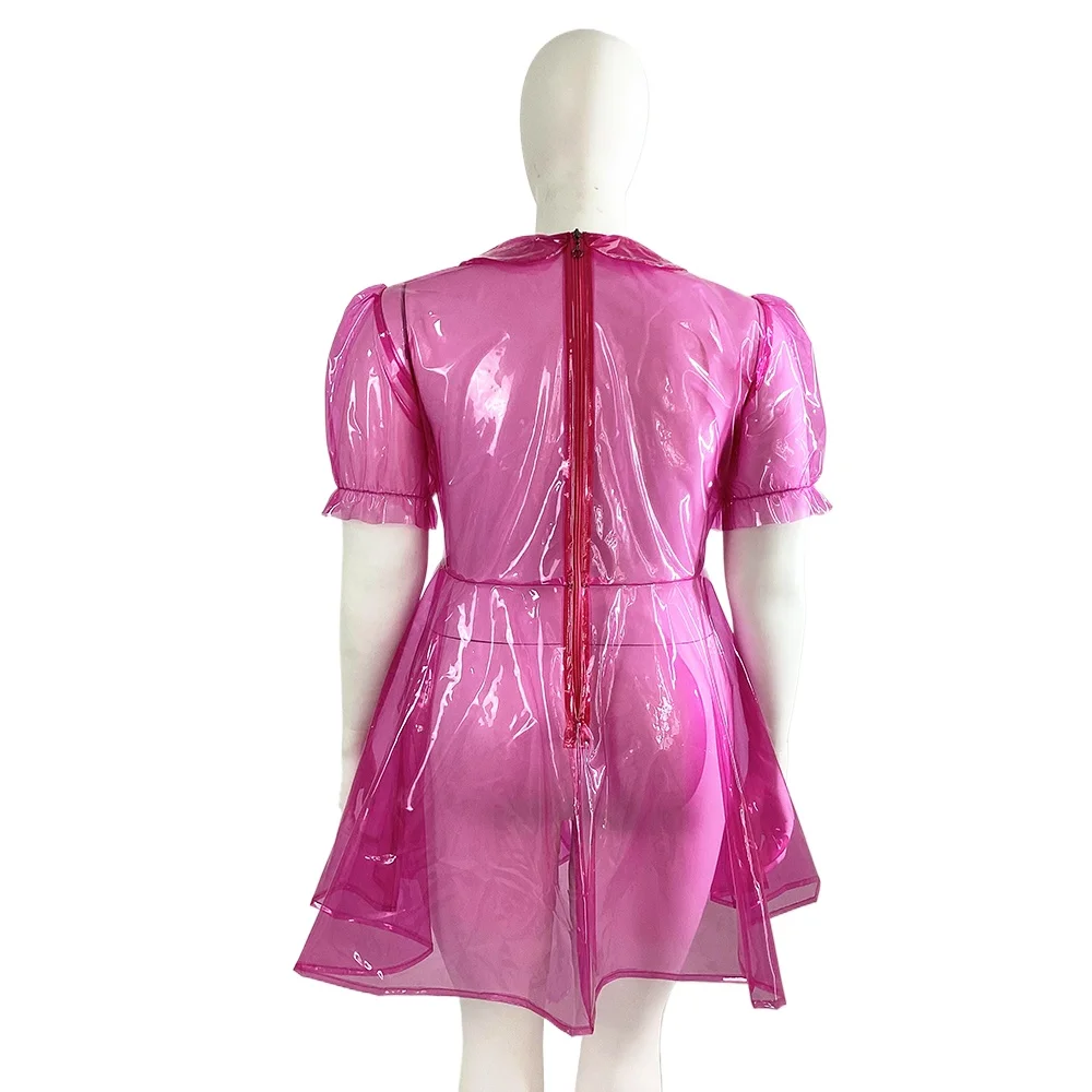 Exotic Clear Plastic Peter Pan Collar Dress, Halloween Party Cosplay, A-line Dresses, Sissy, PVC Puff Short Sleeve, Plus Size