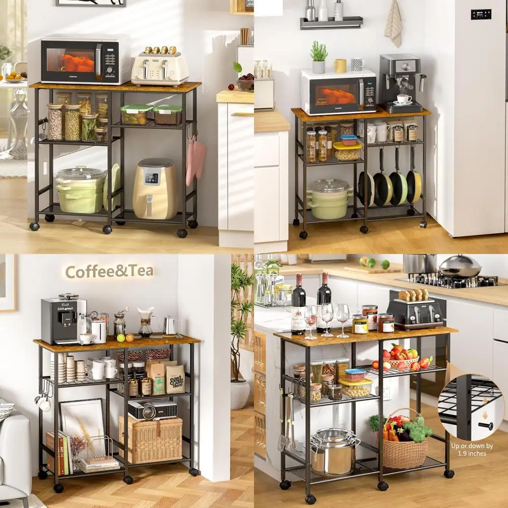

Rolling Kitchen Cart with Adjustable Shelf, Microwave Stand and Coffee Bar, Storage Organizer for Living Spaces