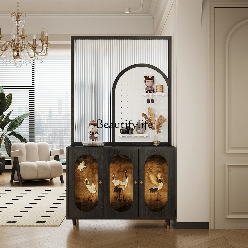05-French retro solid wood water pattern glass entry door screen partition living room shoe cabinet entrance cabinet American ho