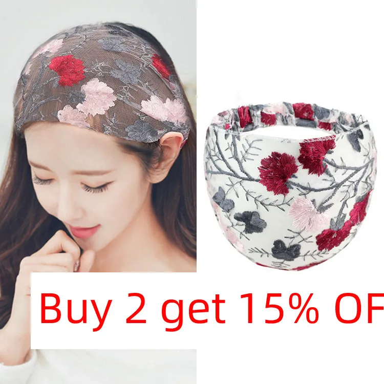 New Wide Headband for Women Ethnic Embroidery Flower Mesh Wide Edge Headbands Hibiscus Mutabilis Lace Bandaba Turban Headwear